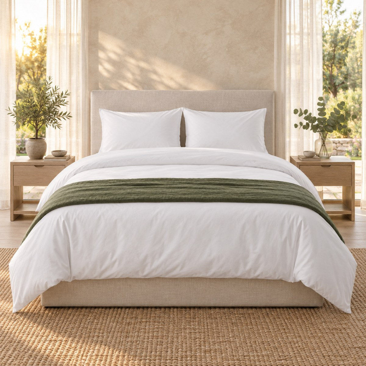 Huxberry Organic Cotton Bedding Bundle in a warm, light bedroom