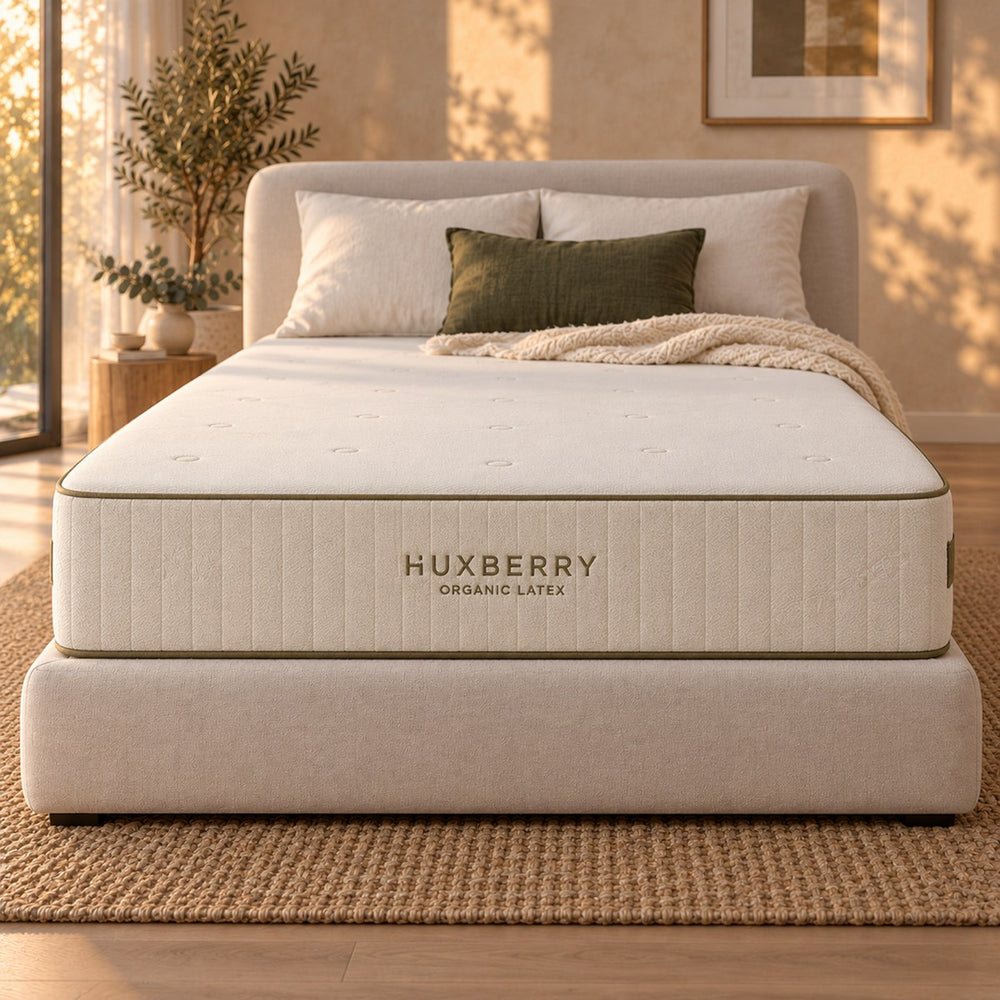 Close-up of the Huxberry Organic Latex Mattress edge, quilting and embroidered name