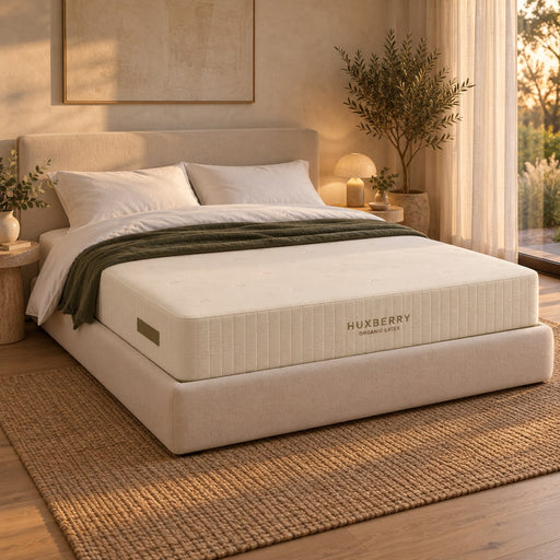 Huxberry Organic Latex Mattress on a made bed in a warm, light bedroom