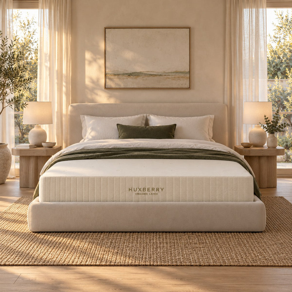 Huxberry Organic Latex Mattress styled in a calm bedroom
