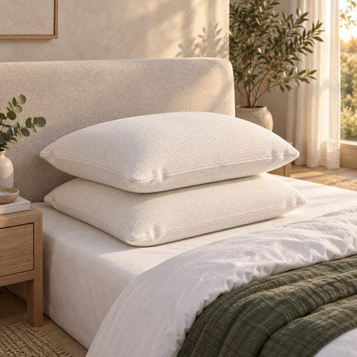 Two Huxberry Organic Latex Pillows against an upholstered headboard in a warm, light bedroom