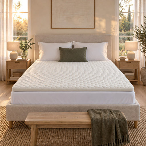 The Huxberry Organic Latex Topper on a bed, seen straight on from the foot