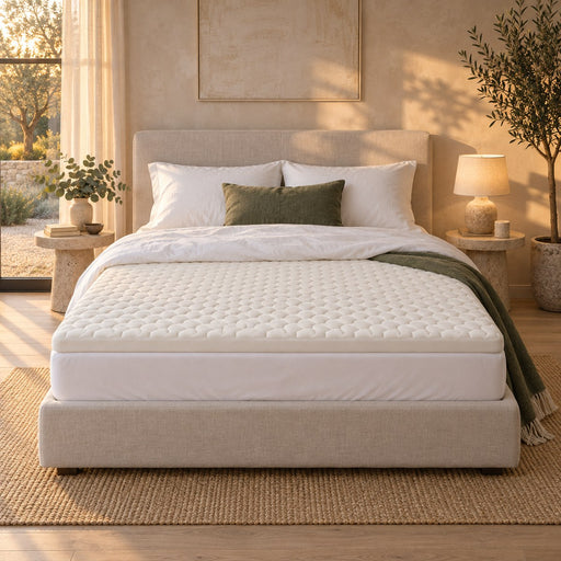Huxberry Organic Latex Topper in a warm, light bedroom