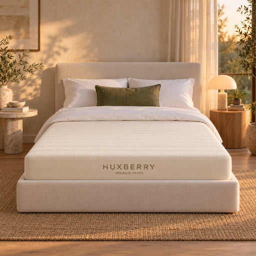 The foot end of the Huxberry Organic Latex Youth Mattress, seen straight on