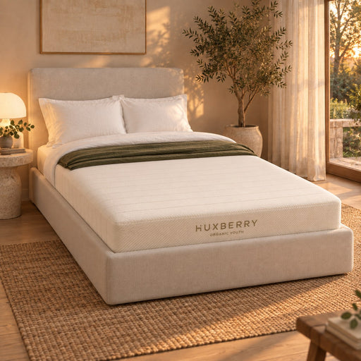 Huxberry Organic Latex Youth Mattress on a made bed in a warm, light bedroom