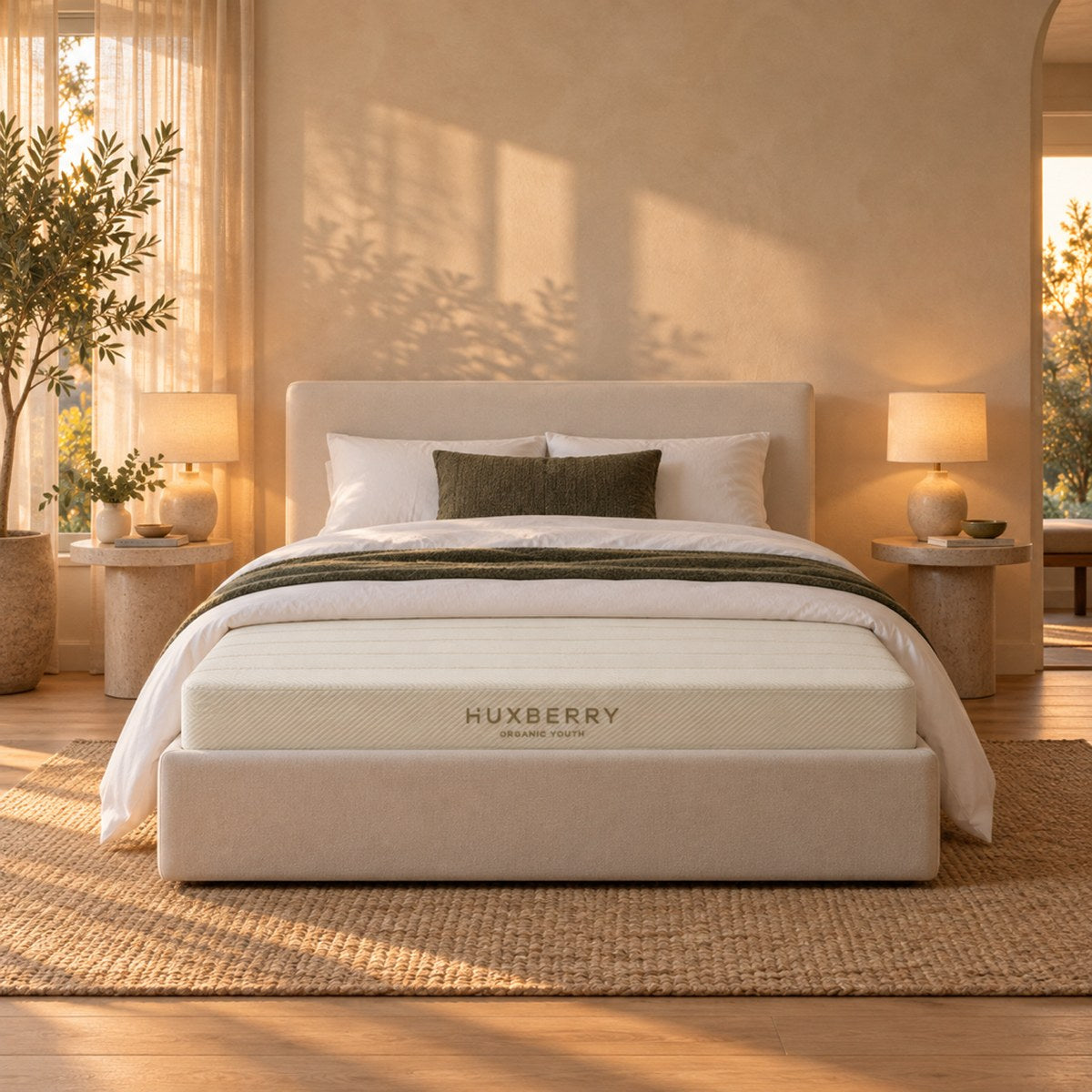 Huxberry Organic Latex Youth Mattress styled in a calm bedroom