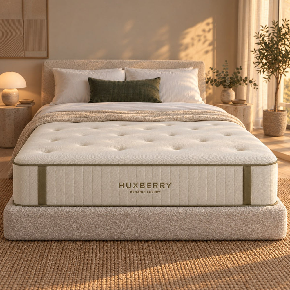 Close-up of the Huxberry Organic Luxury Mattress edge, quilting and embroidered name