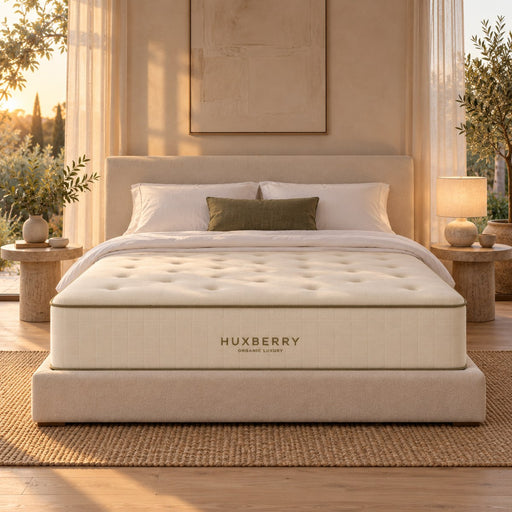 The foot end of the Huxberry Organic Luxury Mattress, seen straight on