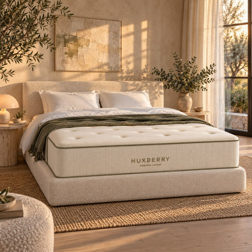 Huxberry Organic Luxury Mattress on a made bed in a warm, light bedroom
