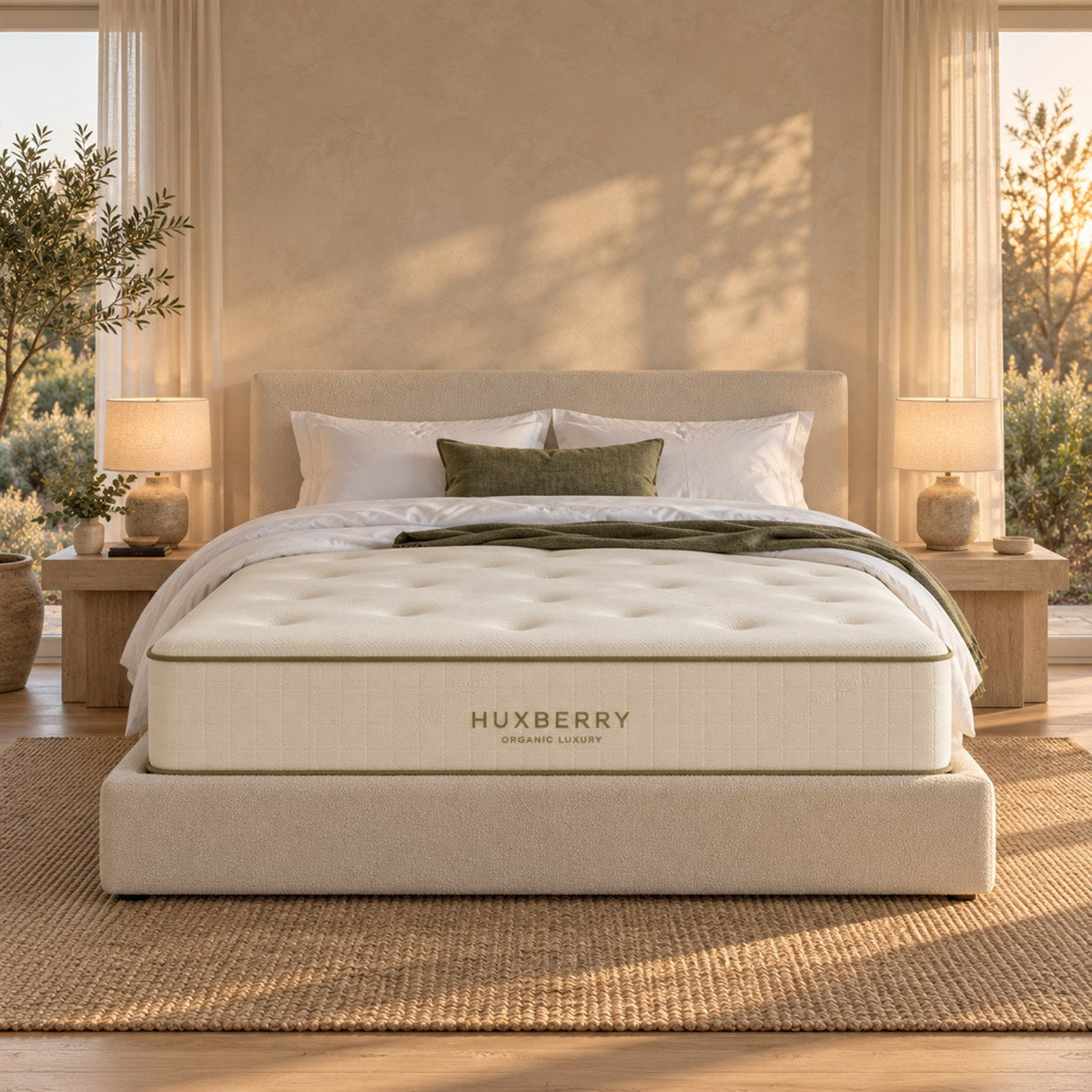 Huxberry Organic Luxury Mattress styled in a calm bedroom