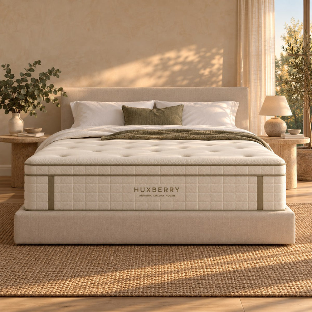 The foot end of the Huxberry Organic Luxury Plush Mattress, seen straight on