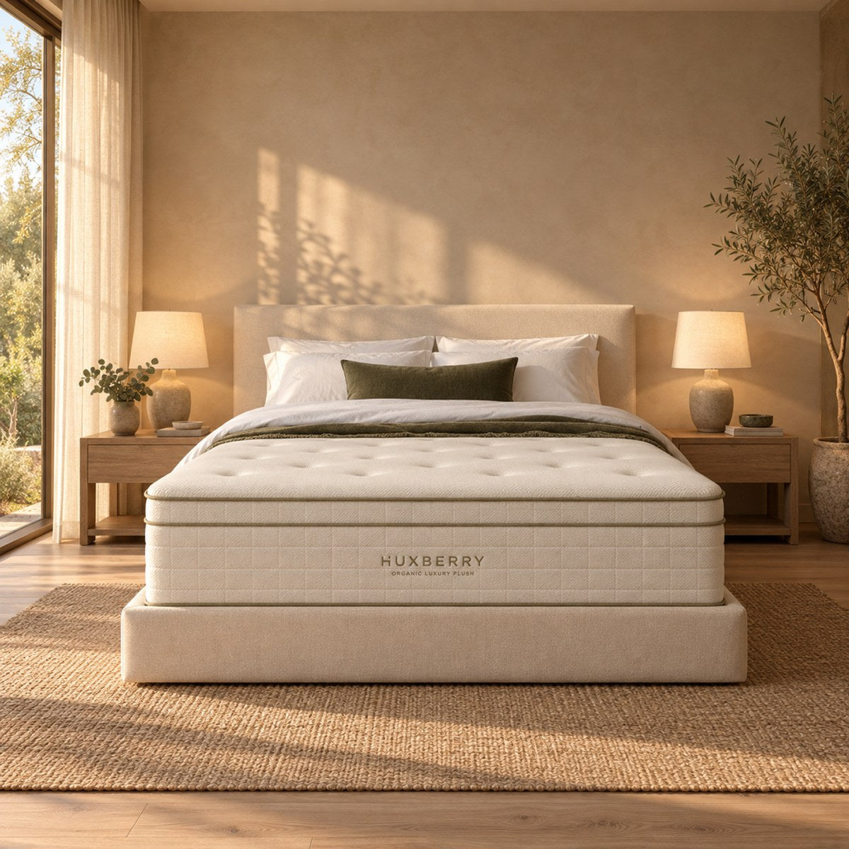 Huxberry Organic Luxury Plush Mattress styled in a calm bedroom