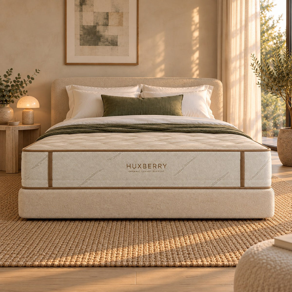 Close-up of the Huxberry Organic Luxury Support Mattress edge, quilting and embroidered name