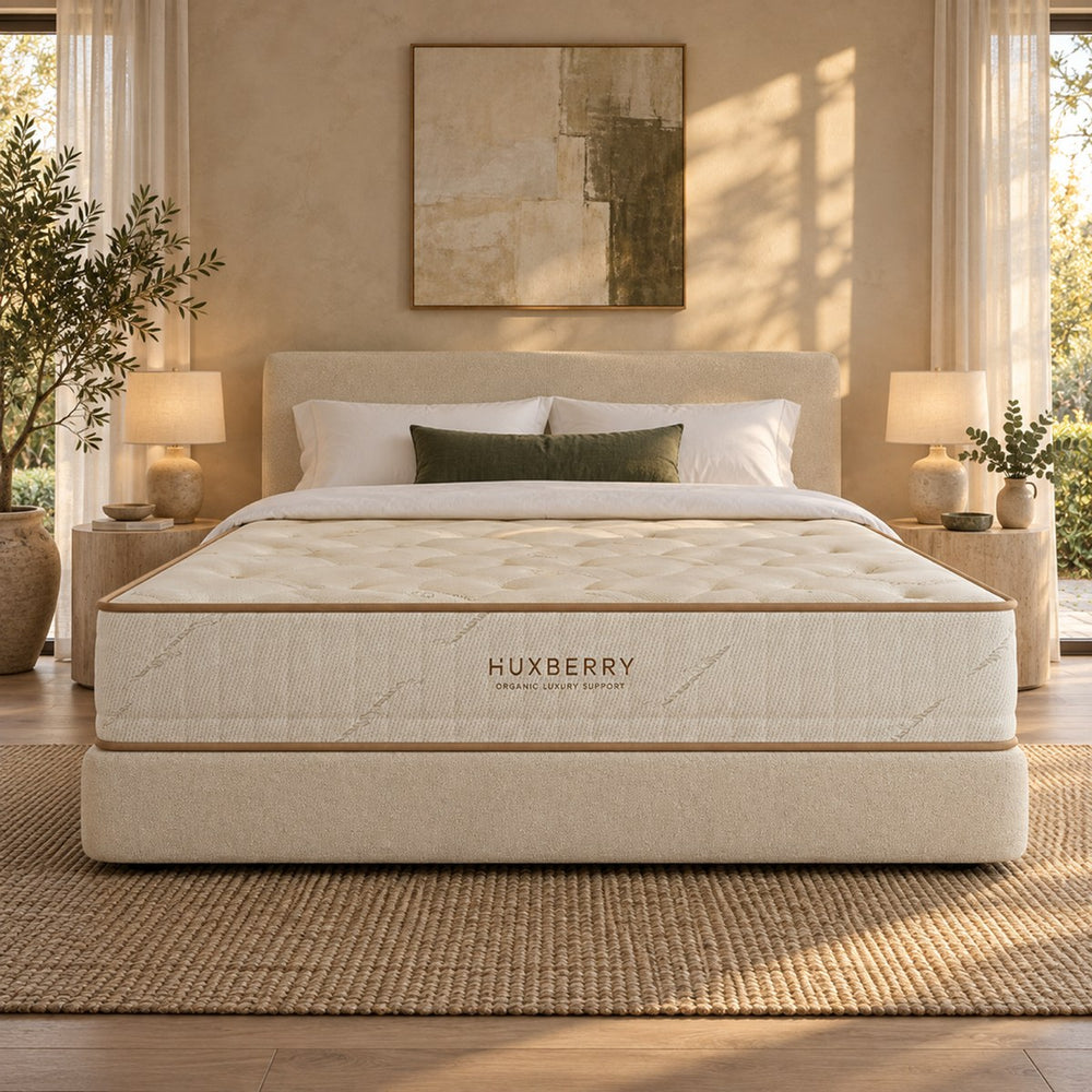The foot end of the Huxberry Organic Luxury Support Mattress, seen straight on