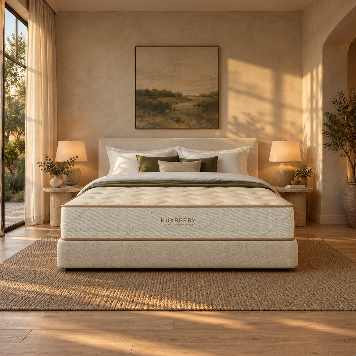 Huxberry Organic Luxury Support Mattress styled in a calm bedroom