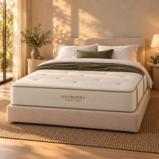 Huxberry Organic Wool Mattress on a made bed in a warm, light bedroom