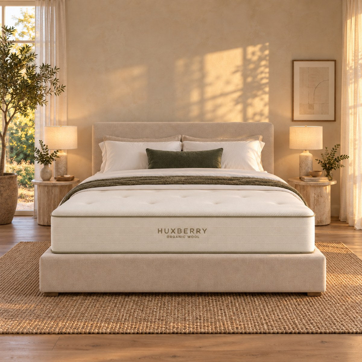 Huxberry Organic Wool Mattress styled in a calm bedroom