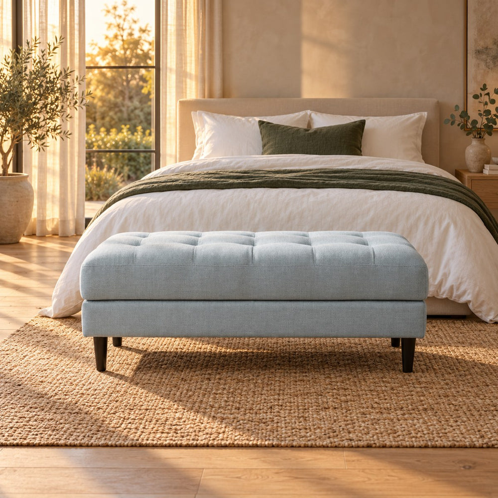 Huxberry Paris Ottoman styled in a calm bedroom