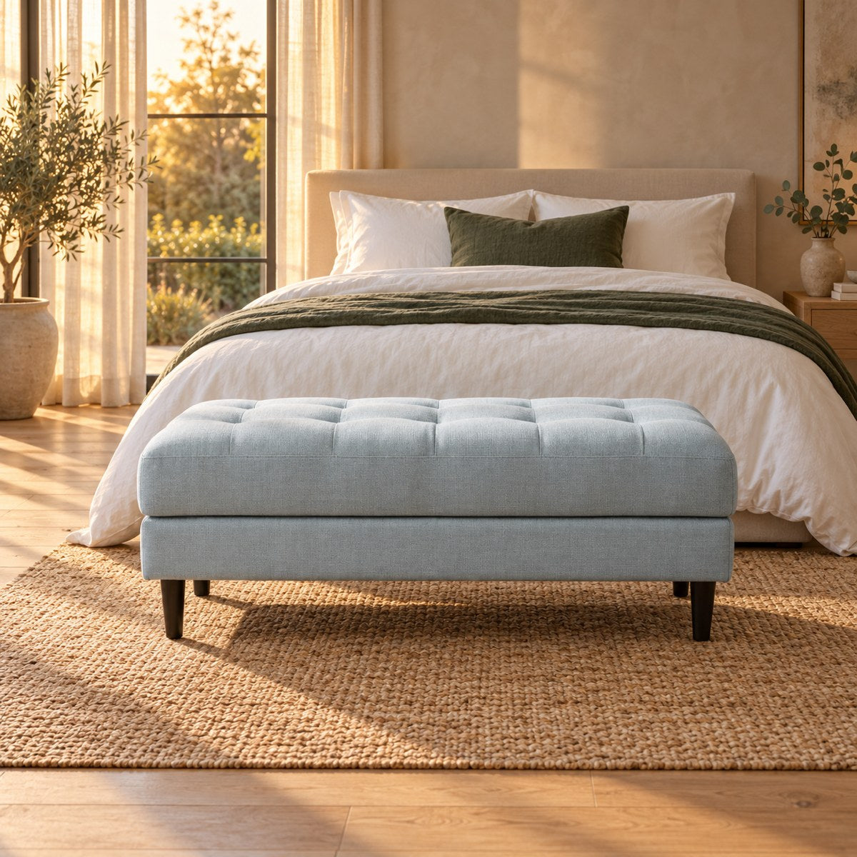 Huxberry Paris Ottoman styled in a calm bedroom