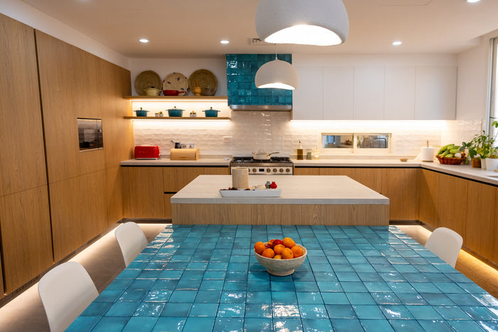Huxberry bespoke oak kitchen with zellige island, Abu Dhabi