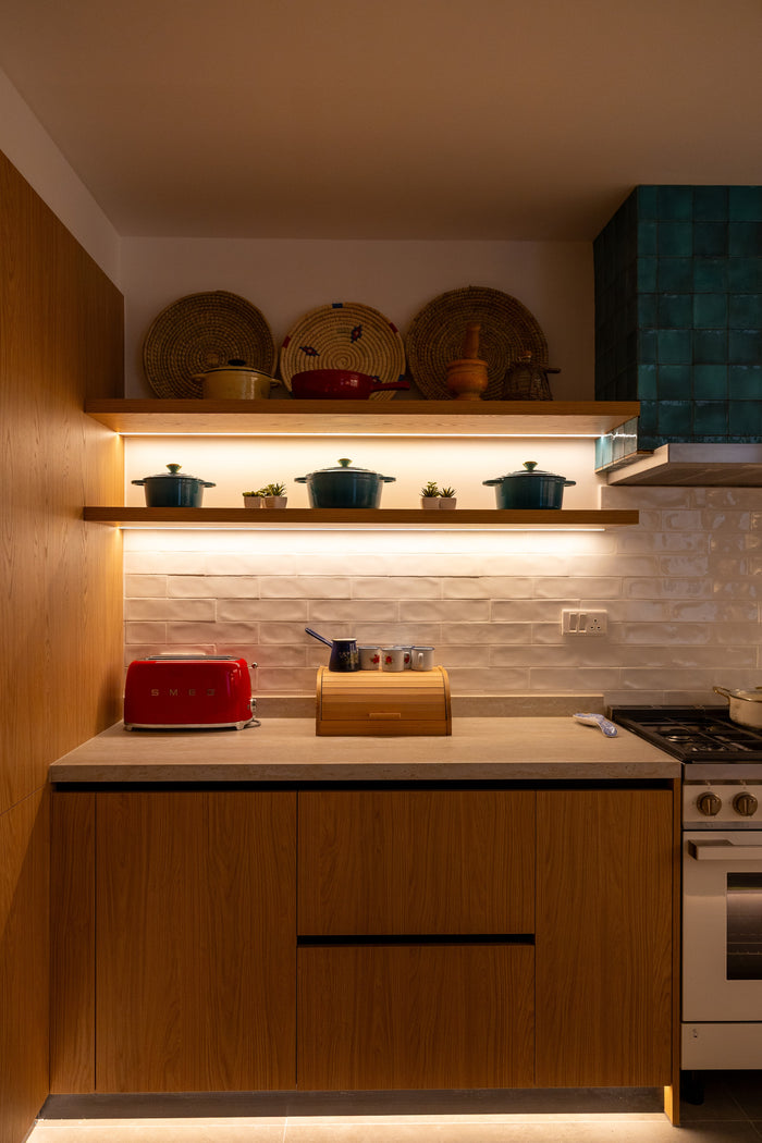 Huxberry bespoke oak kitchen at dusk, Abu Dhabi