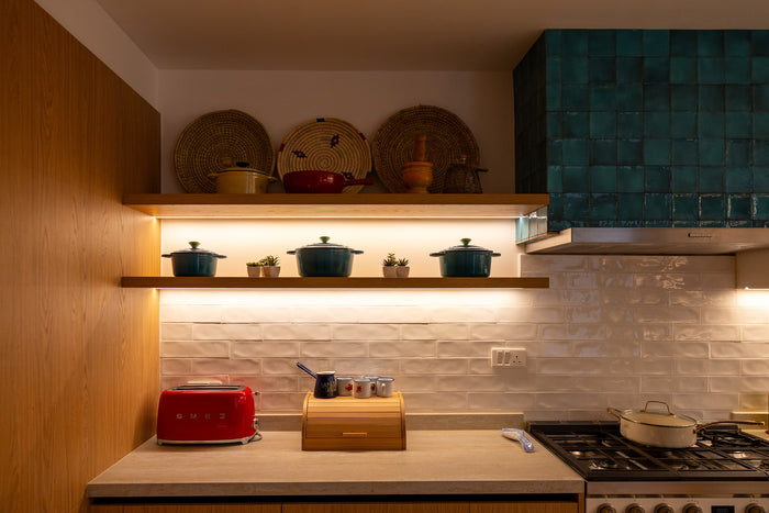 Huxberry bespoke oak kitchen at dusk, Abu Dhabi