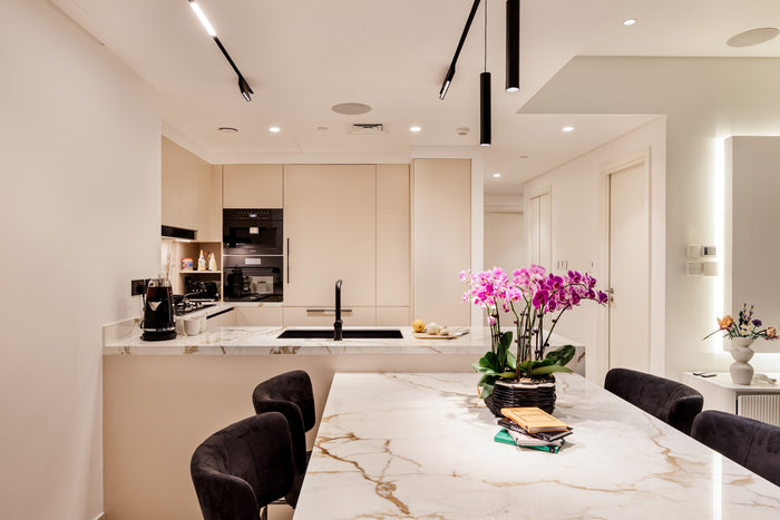 Huxberry bespoke cream kitchen with marble island, Downtown Dubai
