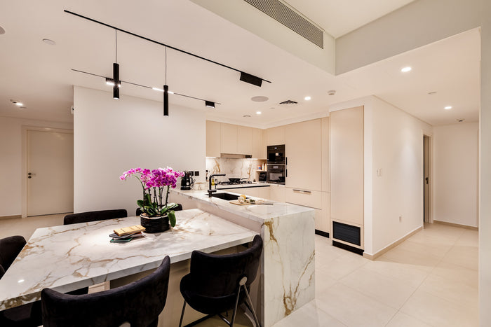 Huxberry bespoke cream kitchen with marble island, Downtown Dubai