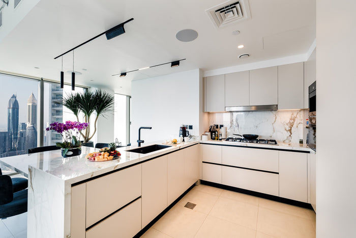 Huxberry bespoke cream kitchen with marble island, Downtown Dubai