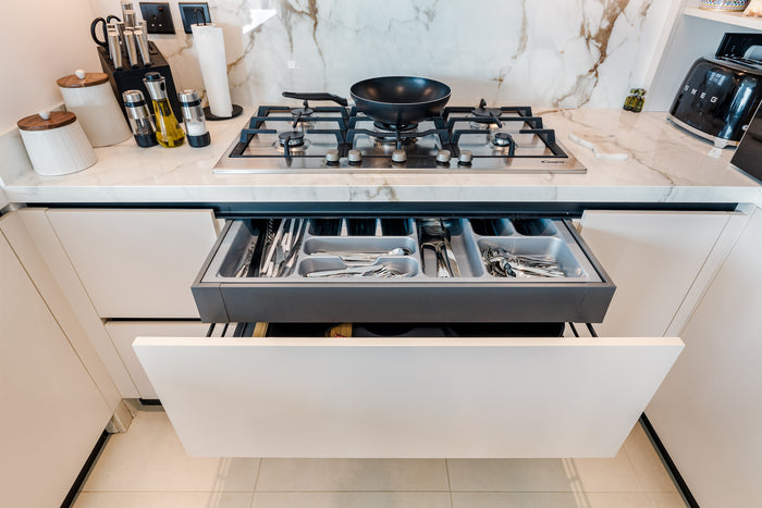 Huxberry bespoke cream kitchen with marble island, Downtown Dubai