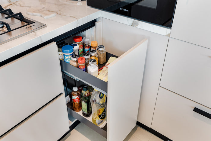 Huxberry bespoke cream kitchen with marble island, Downtown Dubai