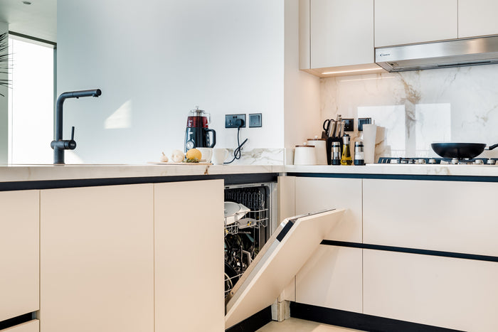 Huxberry bespoke cream kitchen with marble island, Downtown Dubai