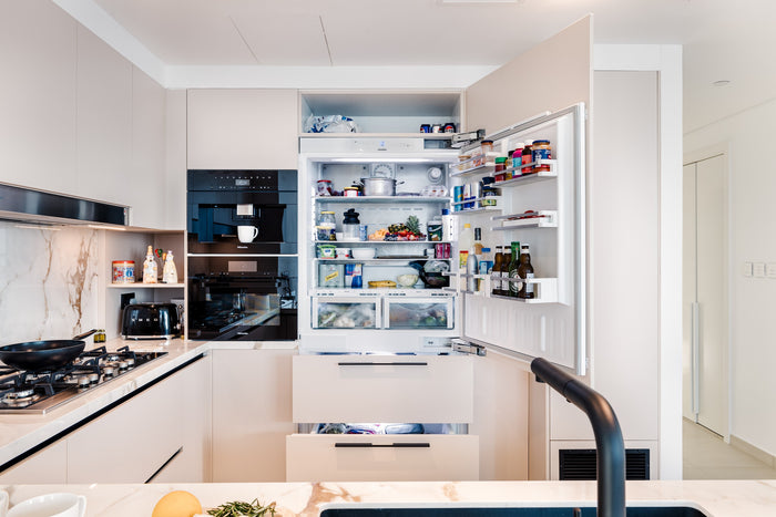 Huxberry bespoke cream kitchen with marble island, Downtown Dubai