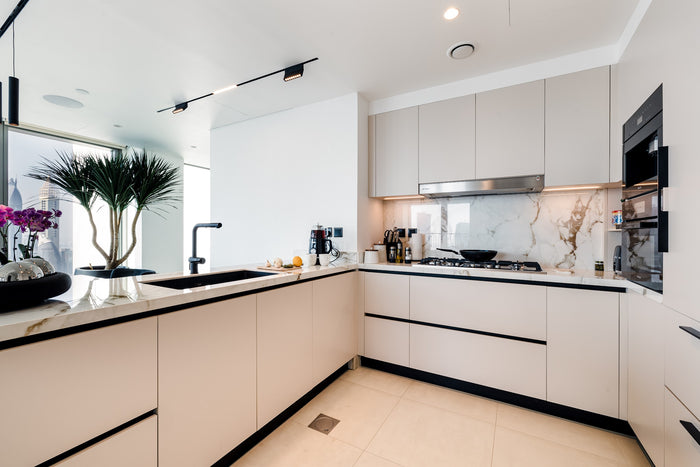 Huxberry bespoke cream kitchen with marble island, Downtown Dubai