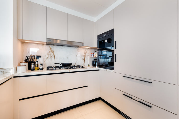 Huxberry bespoke cream kitchen with marble island, Downtown Dubai