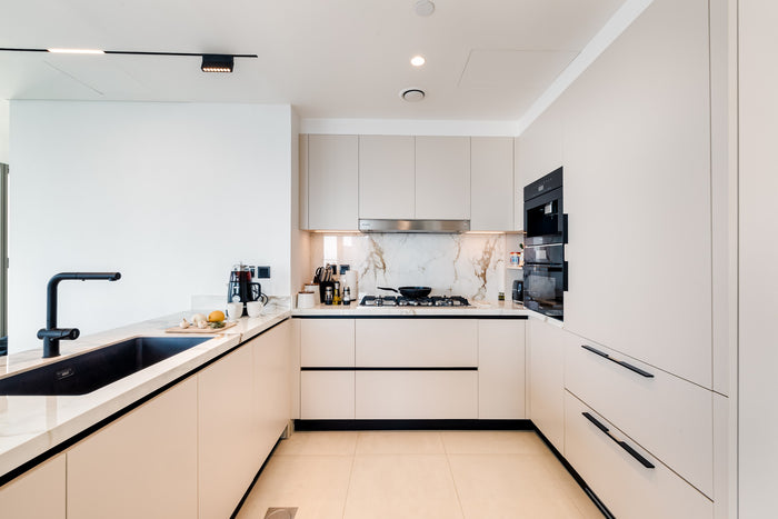 Huxberry bespoke cream kitchen with marble island, Downtown Dubai