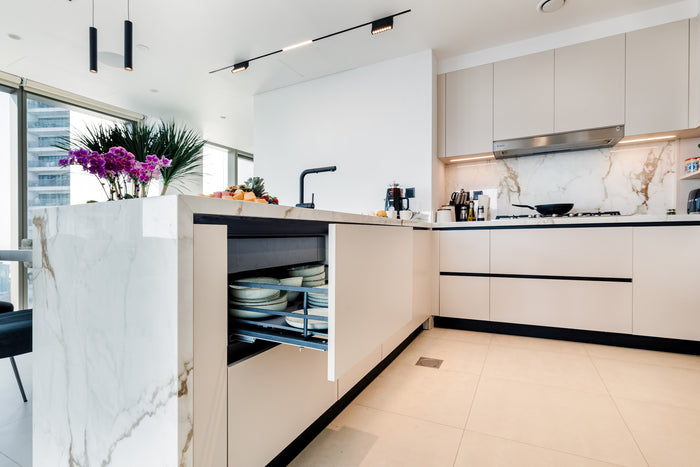 Huxberry bespoke cream kitchen with marble island, Downtown Dubai