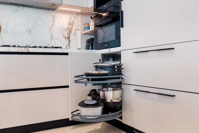 Huxberry bespoke cream kitchen with marble island, Downtown Dubai