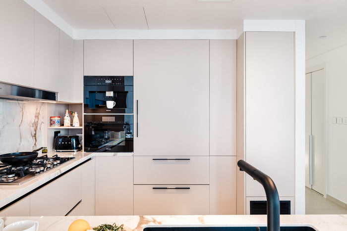 Huxberry bespoke cream kitchen with marble island, Downtown Dubai
