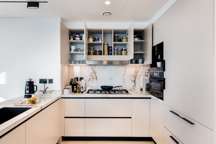 Huxberry bespoke cream kitchen with marble island, Downtown Dubai