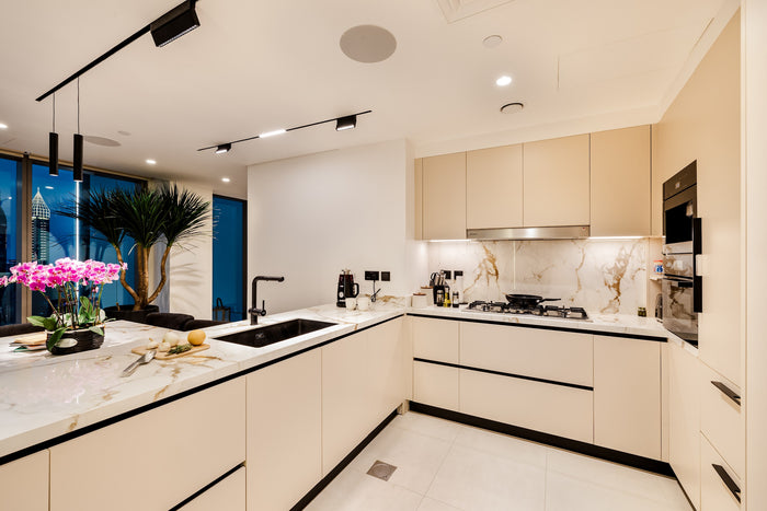 Huxberry bespoke cream kitchen with marble island, Downtown Dubai