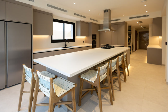 Huxberry bespoke taupe kitchen with quartz island, Jumeirah Park, Dubai