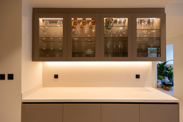 Huxberry bespoke taupe kitchen with quartz island, Jumeirah Park, Dubai