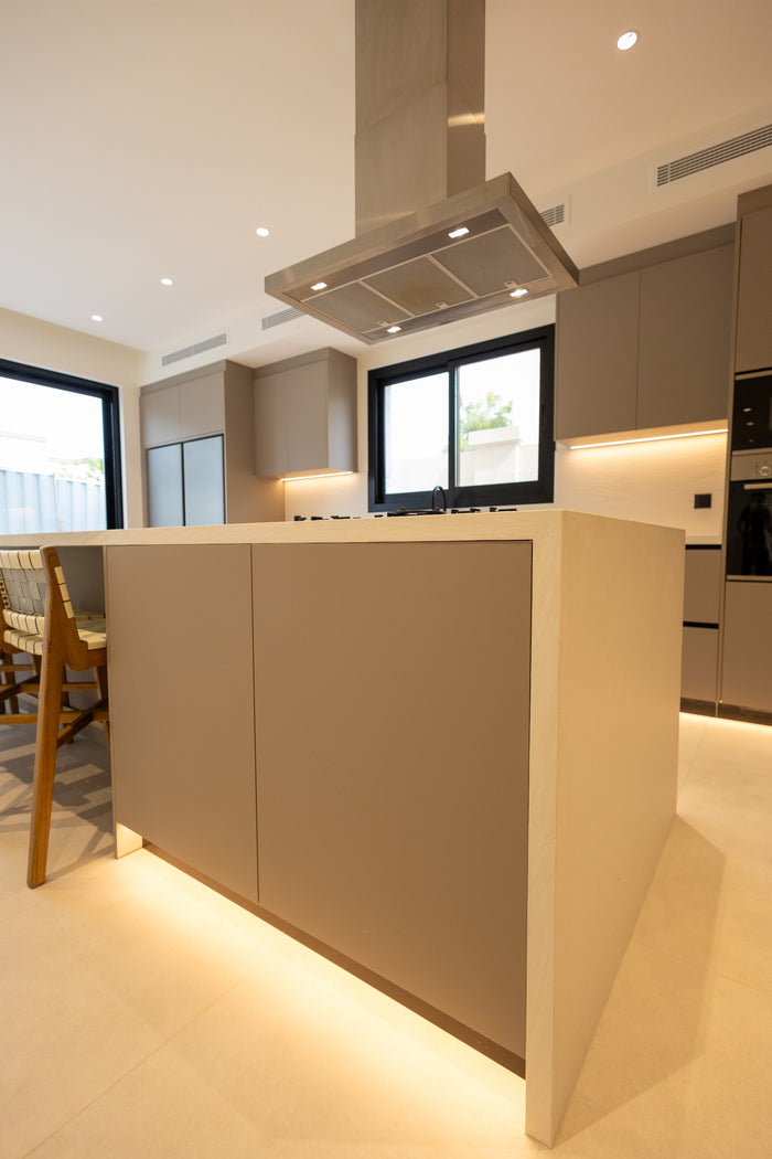 Huxberry bespoke taupe kitchen with quartz island, Jumeirah Park, Dubai