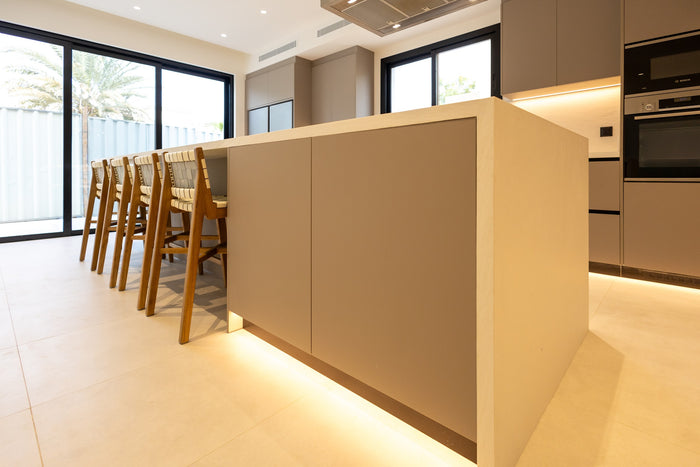 Huxberry bespoke taupe kitchen with quartz island, Jumeirah Park, Dubai
