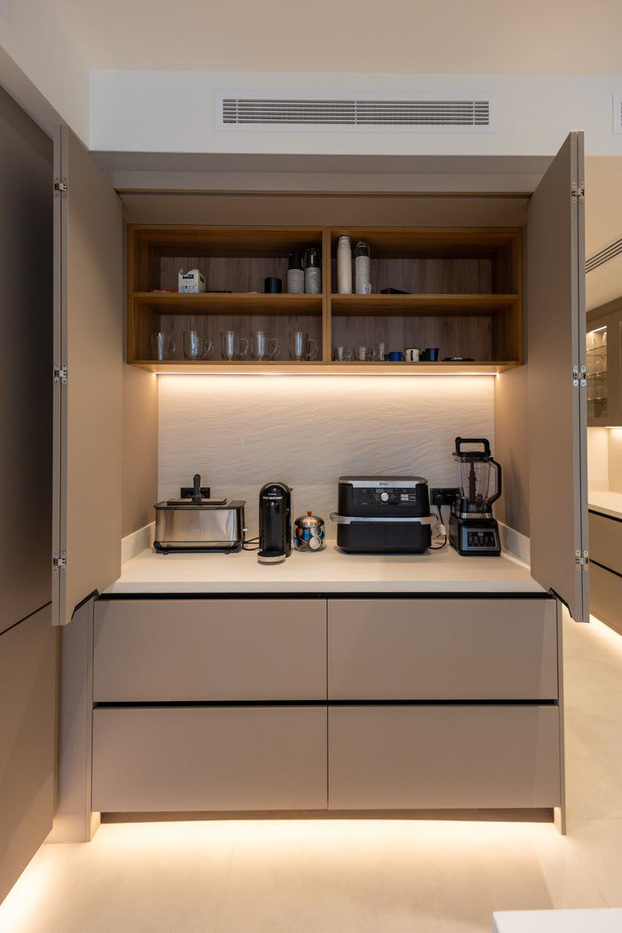 Huxberry bespoke taupe kitchen with quartz island, Jumeirah Park, Dubai