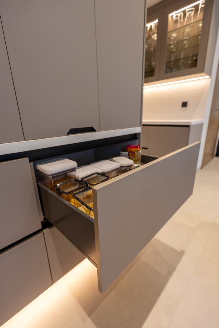 Huxberry bespoke taupe kitchen with quartz island, Jumeirah Park, Dubai