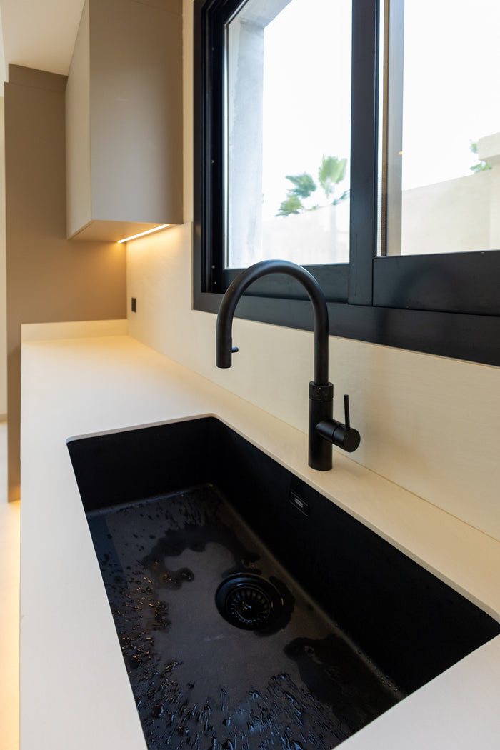 Huxberry bespoke taupe kitchen with quartz island, Jumeirah Park, Dubai