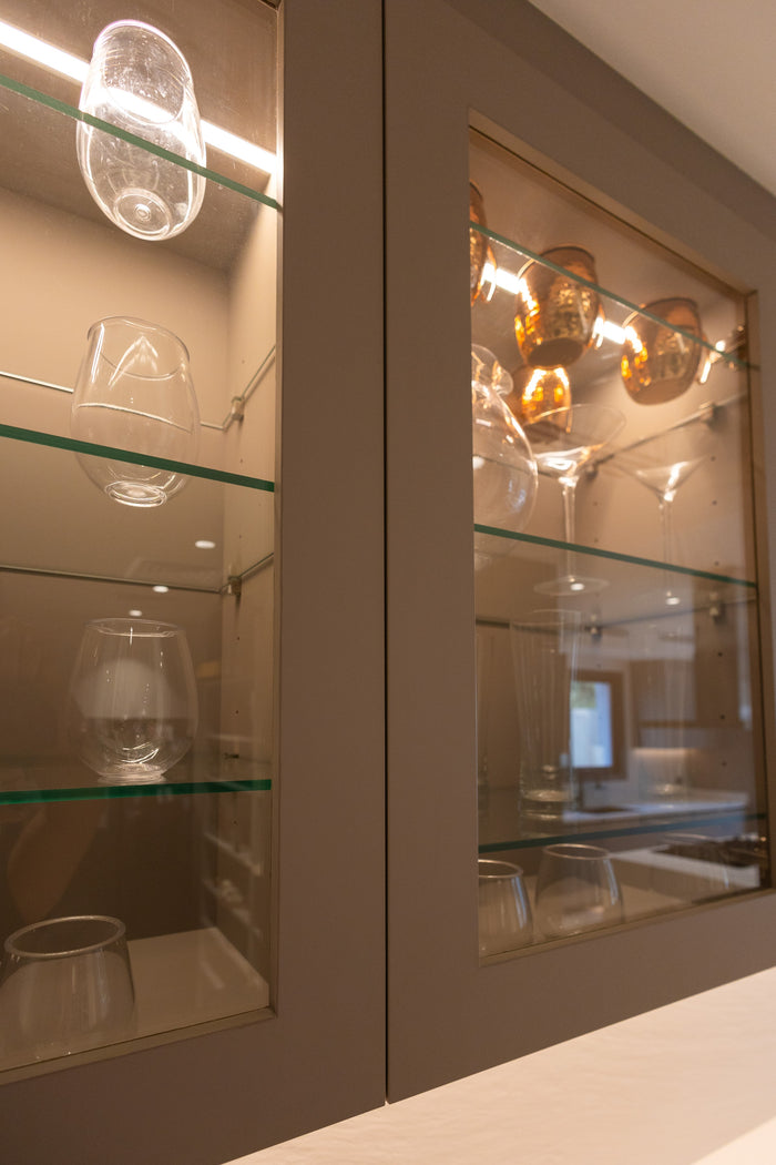 Huxberry bespoke taupe kitchen with quartz island, Jumeirah Park, Dubai