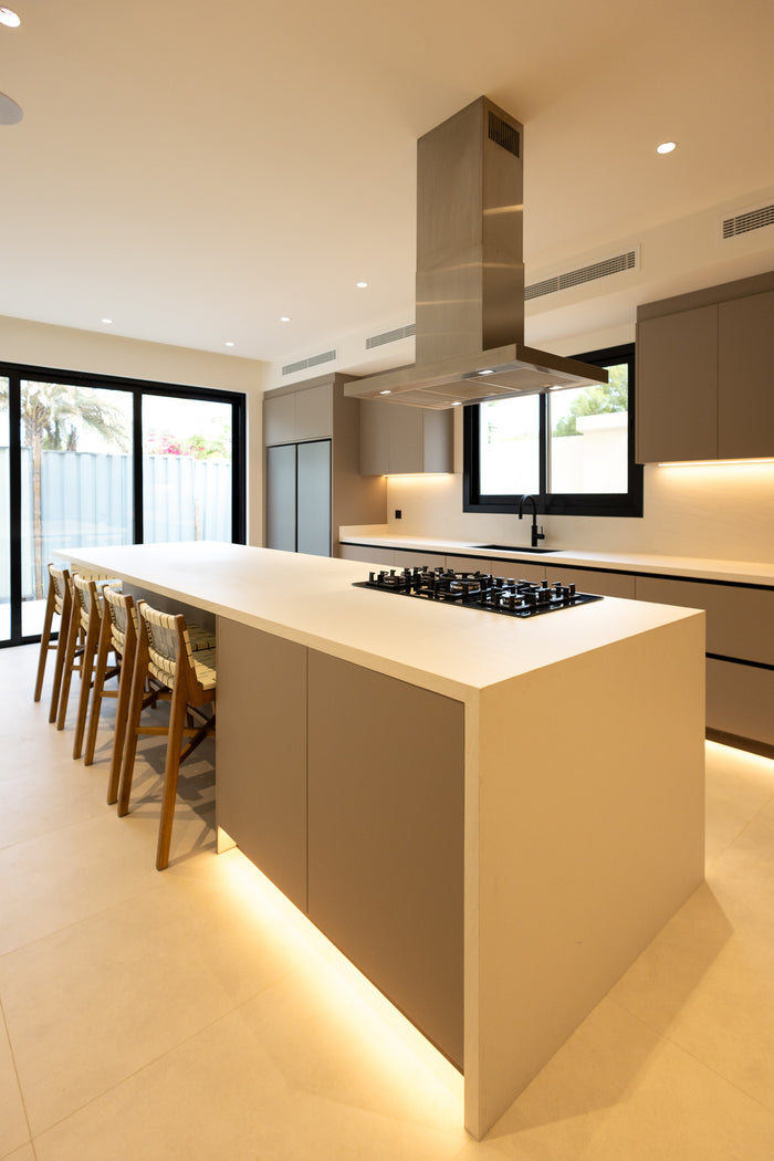 Huxberry bespoke taupe kitchen with quartz island, Jumeirah Park, Dubai